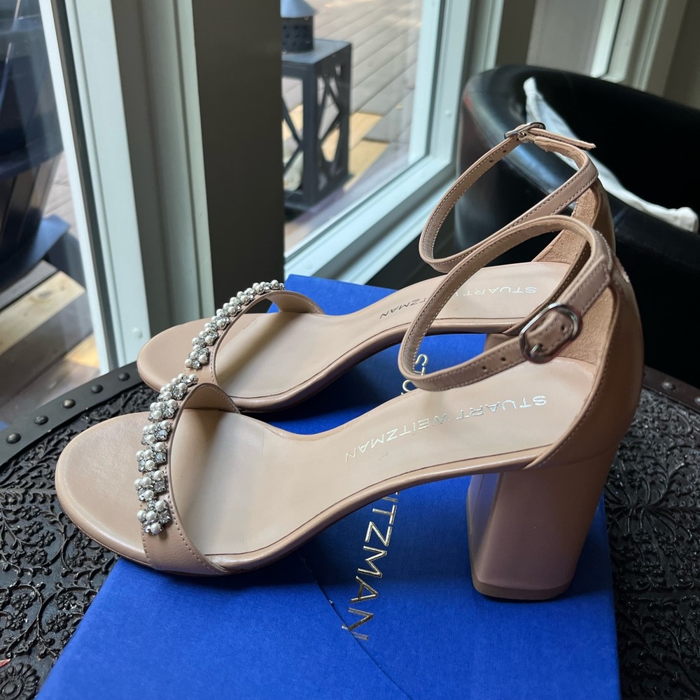 STUART WEITZMAN NUDIST POPPY EMBELLISHED ANKLE STRAP SANDALS ADOBE 8 38.5 EU